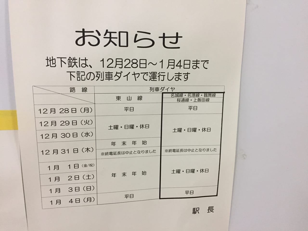 名古屋市営地下鉄年末年始運行ダイヤについてのお知らせ②